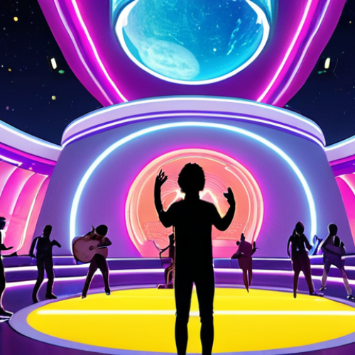 **A vibrant metaverse concert scene.** Depict a virtual concert in Decentraland, showcasing user-generated avatars enjoying a performance by an up-and-coming musician. Focus on the sense of community and shared experience. Use bright, neon colors and emphasize the diversity of avatar designs. The background should feature abstract, futuristic architecture.