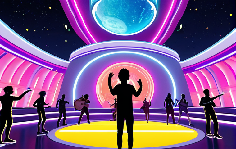 **A vibrant metaverse concert scene.** Depict a virtual concert in Decentraland, showcasing user-generated avatars enjoying a performance by an up-and-coming musician. Focus on the sense of community and shared experience. Use bright, neon colors and emphasize the diversity of avatar designs. The background should feature abstract, futuristic architecture.
