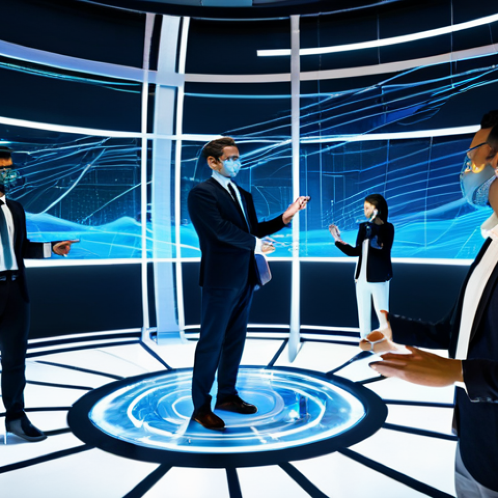 A diverse group of professional individuals, represented by modern, distinct avatars, are actively collaborating within a dynamic, immersive metaverse environment. They are fully clothed in modest, futuristic business attire, showcasing professional dress. The virtual space features glowing holographic interfaces, interactive 3D models of architectural designs, and flowing data streams. One avatar gestures towards a shared virtual blueprint, while another manipulates a complex digital object in mid-air, illustrating real-time co-creation. The background shows glimpses of other interconnected virtual realms, emphasizing global synergy and breaking down geographical silos. The scene is brightly lit with a sense of future innovation. perfect anatomy, correct proportions, natural pose, well-formed hands, proper finger count, natural body proportions, professional photography, high quality, safe for work, appropriate content, fully clothed, professional, family-friendly.