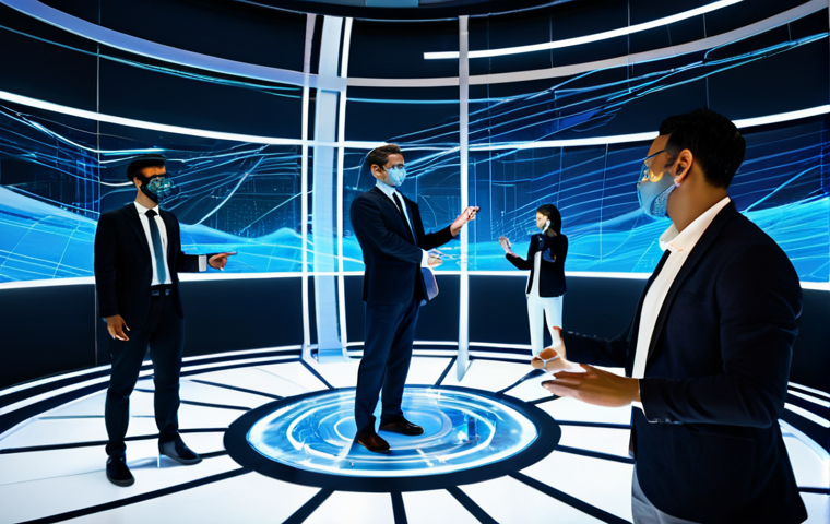 A diverse group of professional individuals, represented by modern, distinct avatars, are actively collaborating within a dynamic, immersive metaverse environment. They are fully clothed in modest, futuristic business attire, showcasing professional dress. The virtual space features glowing holographic interfaces, interactive 3D models of architectural designs, and flowing data streams. One avatar gestures towards a shared virtual blueprint, while another manipulates a complex digital object in mid-air, illustrating real-time co-creation. The background shows glimpses of other interconnected virtual realms, emphasizing global synergy and breaking down geographical silos. The scene is brightly lit with a sense of future innovation. perfect anatomy, correct proportions, natural pose, well-formed hands, proper finger count, natural body proportions, professional photography, high quality, safe for work, appropriate content, fully clothed, professional, family-friendly.