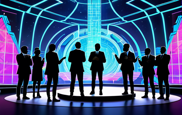 **
"A diverse group of people, fully clothed in stylish, futuristic attire, gathered around a virtual stage at a Metaverse conference. The stage displays a holographic presentation on blockchain technology. The background features vibrant, stylized buildings and floating digital art. Bright, optimistic lighting. Perfect anatomy, correct proportions, well-formed hands, proper finger count, natural body proportions. Safe for work, appropriate content, fully clothed, professional, family-friendly, high-quality digital illustration."
**