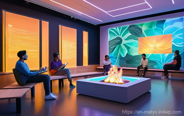 VR 환경에서의 커뮤니티 운영 팁 - **Prompt: A Vibrant Virtual Community Hub**
    "A wide-angle, inviting view of a bustling virtual r...