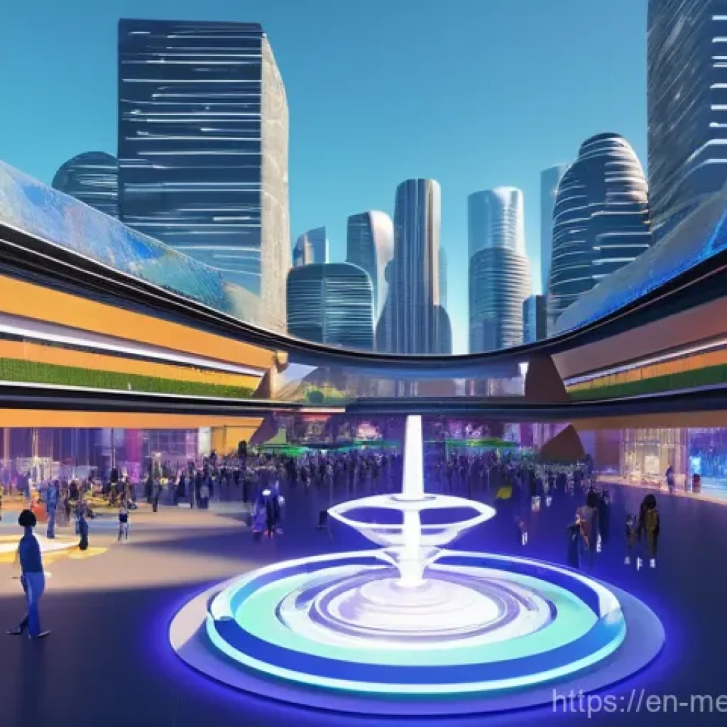 메타버스 커뮤니티 성공 사례 - A dynamic, wide-angle shot capturing a bustling, futuristic metaverse plaza. Diverse avatars, of var...