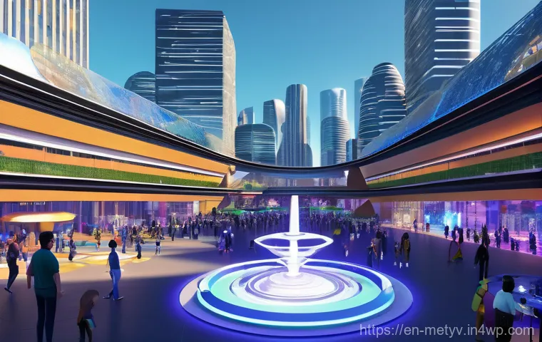 메타버스 커뮤니티 성공 사례 - A dynamic, wide-angle shot capturing a bustling, futuristic metaverse plaza. Diverse avatars, of var...
