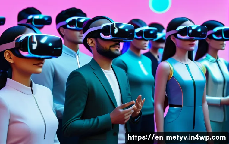 가상 현실의 다양한 행사 참여 전략 - **Prompt:** A vibrant virtual reality conference hall bustling with highly diverse and stylized avat...
