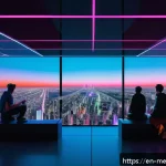 Home 21 메타버스 내 다양한 참여 기회 탐색 - A futuristic digital art gallery inside a metaverse platform like Decentraland, featuring sleek, tra...