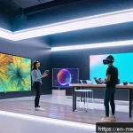 Home 20 가상 현실의 취미 동호회 참여하기 - A vibrant virtual reality social hub featuring diverse avatars engaged in a creative workshop inside...