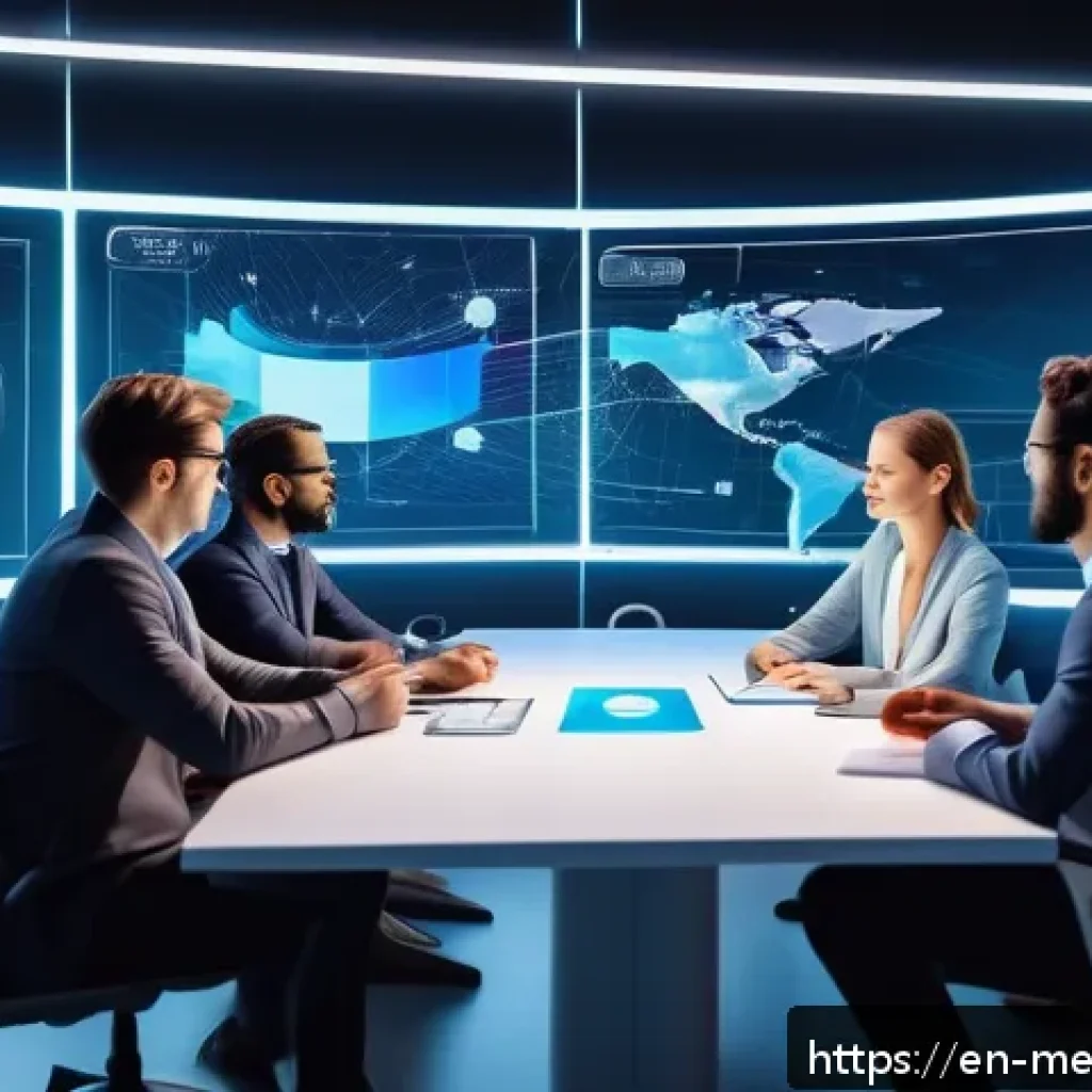메타버스 내 그룹 활동의 중요성 - A diverse group of professionals collaborating in a futuristic virtual workspace, wearing stylish bu...