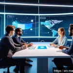 Home 18 메타버스 내 그룹 활동의 중요성 - A diverse group of professionals collaborating in a futuristic virtual workspace, wearing stylish bu...
