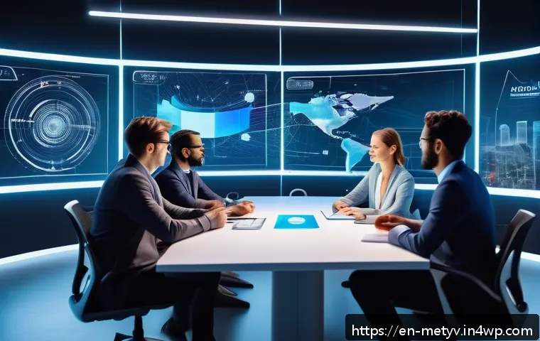 메타버스 내 그룹 활동의 중요성 - A diverse group of professionals collaborating in a futuristic virtual workspace, wearing stylish bu...