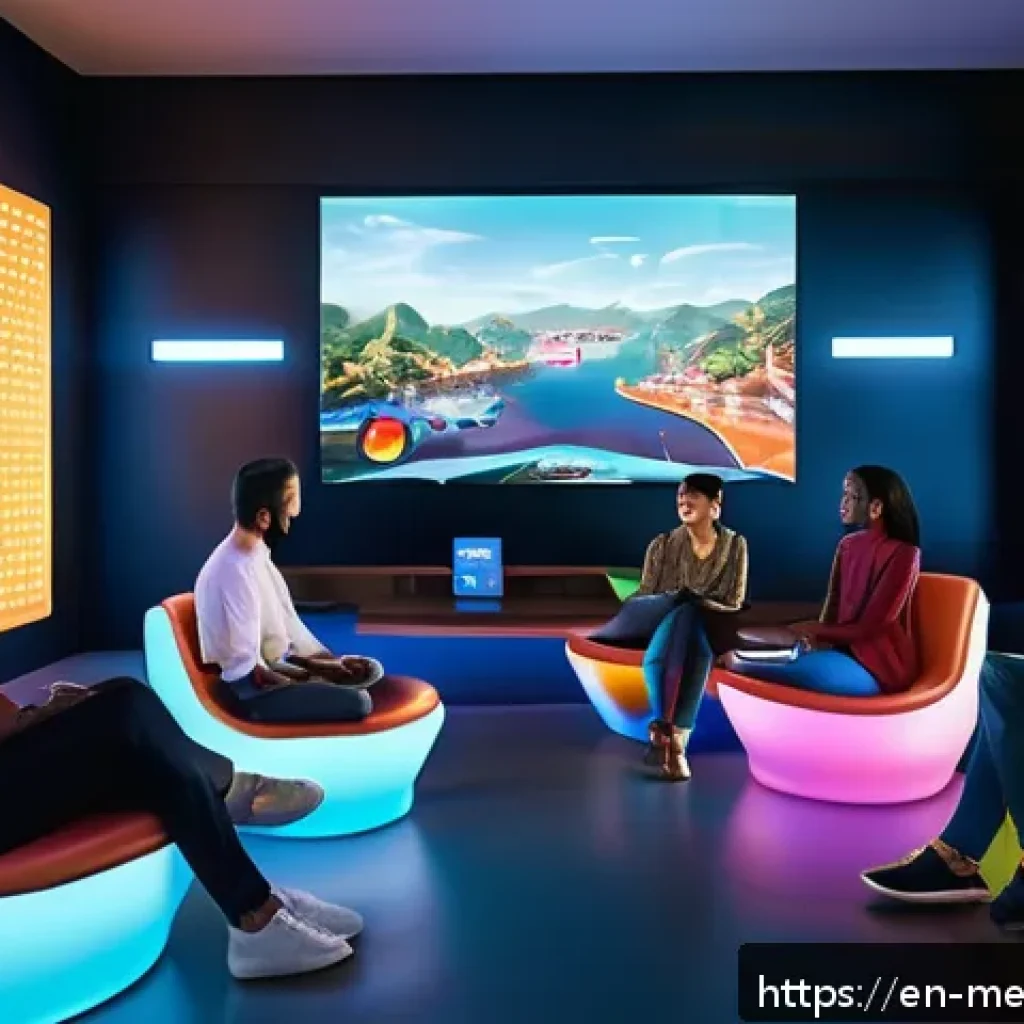 가상 세계에서의 신뢰 구축 방법 - A vibrant virtual community scene inside a futuristic digital lounge where diverse avatars gather fo...