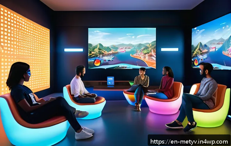 가상 세계에서의 신뢰 구축 방법 - A vibrant virtual community scene inside a futuristic digital lounge where diverse avatars gather fo...