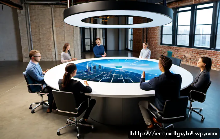 메타버스 내 협업 플랫폼 활용 전략 - Photorealistic modern American creative studio, a diverse team of six professionals wearing sleek au...