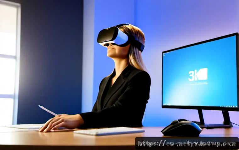 메타버스에서의 이벤트 관리와 피드백 - Photorealistic modern event manager at a clean home office desk, wearing a lightweight virtual reali...