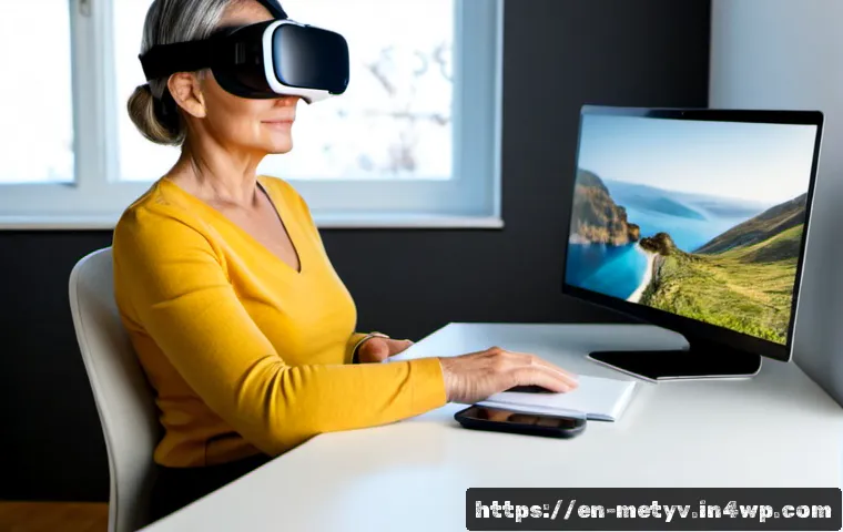 메타버스 참여 시 유의해야 할 사항 - Photorealistic home office scene of a middle-aged woman wearing a modern virtual reality headset, se...