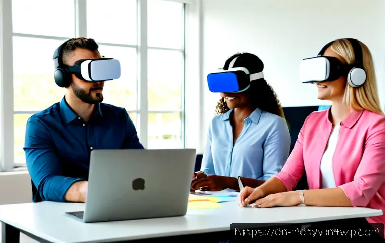 Home 17 가상 현실에서의 소셜 이벤트 기획하기 - Photorealistic home office scene of a diverse event planning team collaborating for a virtual realit...
