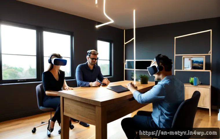 Home 17 가상 현실에서의 연결망 구축하기 - Photorealistic home office scene of a diverse group of adults collaborating in a shared virtual real...