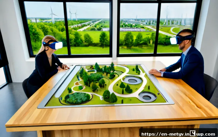 Home 17 가상 현실에서의 지속 가능한 개발 목표 - Photorealistic modern urban planning studio, diverse team of adult sustainability professionals wear...