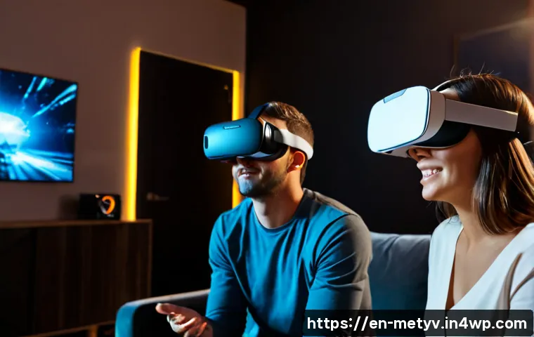 Home 17 가상 현실에서의 플레이어 커뮤니케이션 - Photorealistic scene of three diverse adult friends in a modern living room wearing sleek virtual re...
